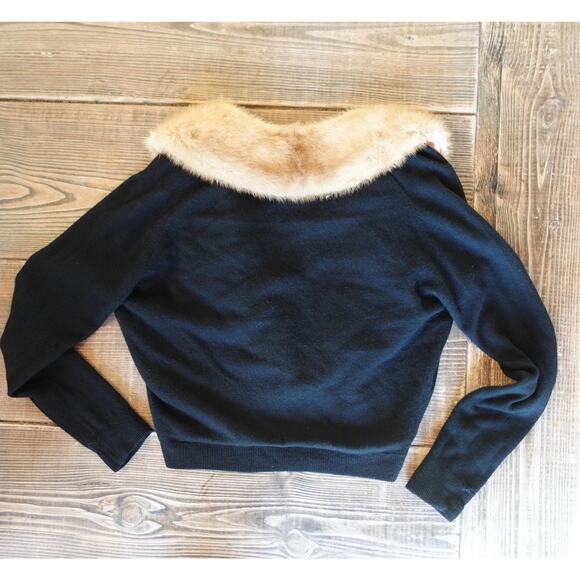 Vintage 1950s Cardigan Black Cashmere Mink Fur Collar Jeweled Retro Glam Sweater - Picture 2 of 10